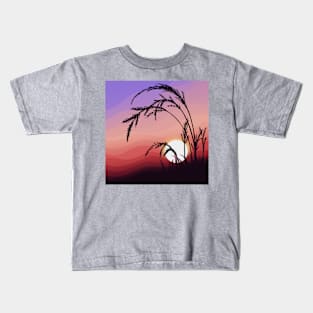 Warm Red Sunrise Silhouetting Wheat Landscape Digital Illustration Kids T-Shirt